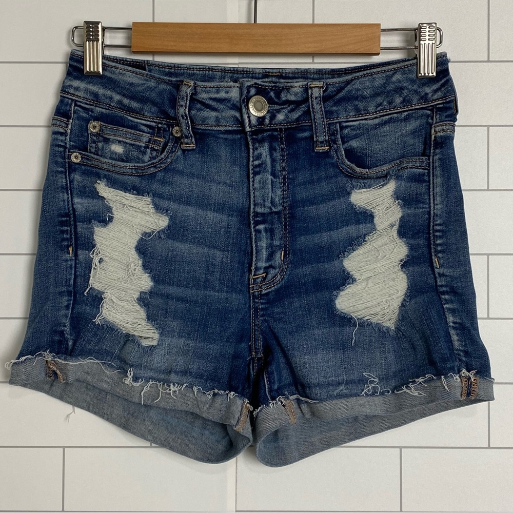 American Eagle Jean Shorts Hi-Rise Shortie Ne(x)t Level Stretch X Size 8 Cut Off